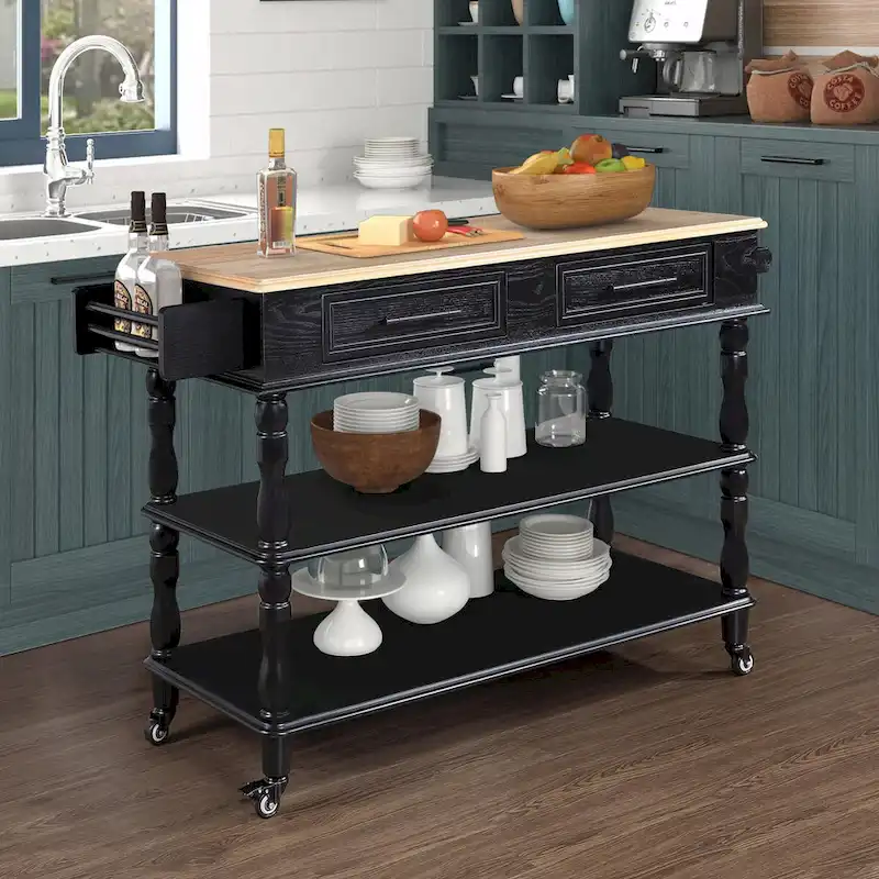 Rolling Kitchen Island Cart with Solid Oak Wood Top, Wine and Spice Rack