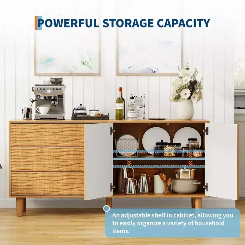 Buffet Cabinet, Sideboard with Storage - 61 Modern Fluted Design with 3 Drawers & 2 Doors for Dining Room, Kitchen, Living Room