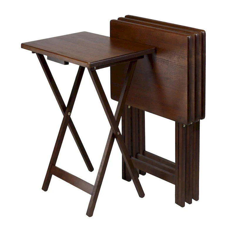 Brown Folding Snack Tables, X-Frame Wood, Set of 4