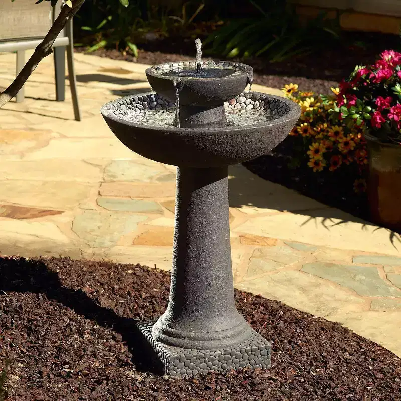 Smart Solar 31.75" Fiber Reinforced Concrete Riverstone intelliSOLAR 2-Tiered Sculptural Fountain with Remote - Forest Brown