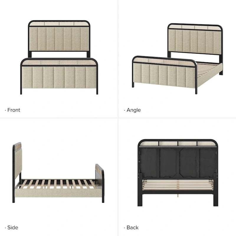 Alphons Modern Solid Wood Frame Ratten Bed with LED Headboard by HULALA HOME