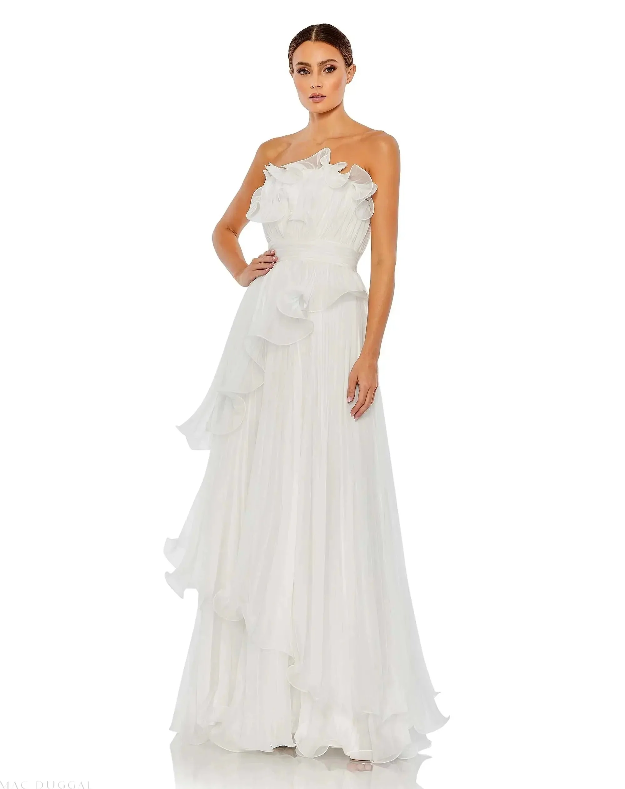 White Pleated Tiered Ruffled Strapless Gown