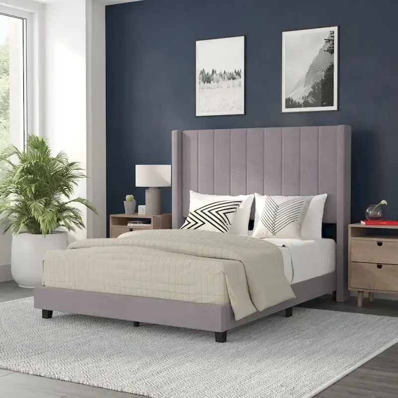 Upholstered Platform Bed with Wingback Headboard