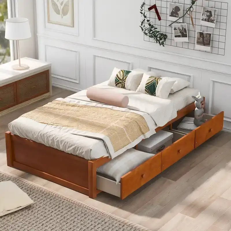 Oak Eco-Friendly Solid Pine Wood Twin Size Platform Storage Bed, 3 Drawers