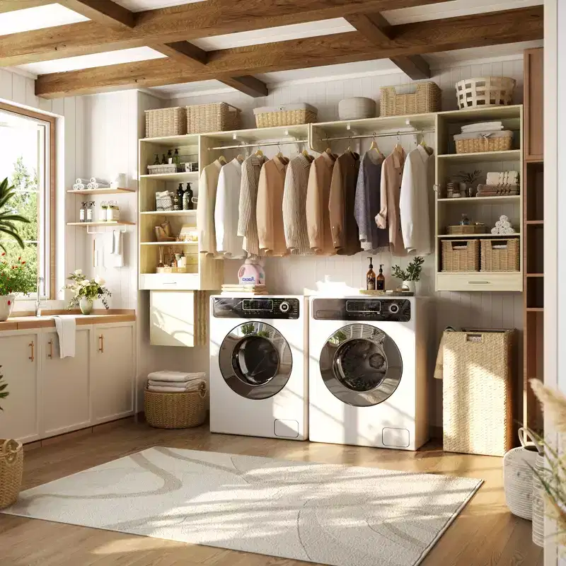 Besiost Laundry Room Closet System with Hanging Rods, Wall-Mounted Closet Organizer with Storage Shelves and Drawers