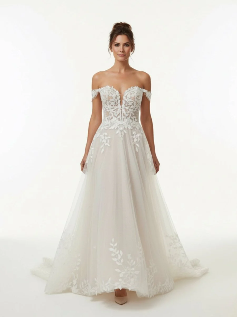 A-line Lace Beach Wedding Dress with Off Shoulder Tulle Appliques