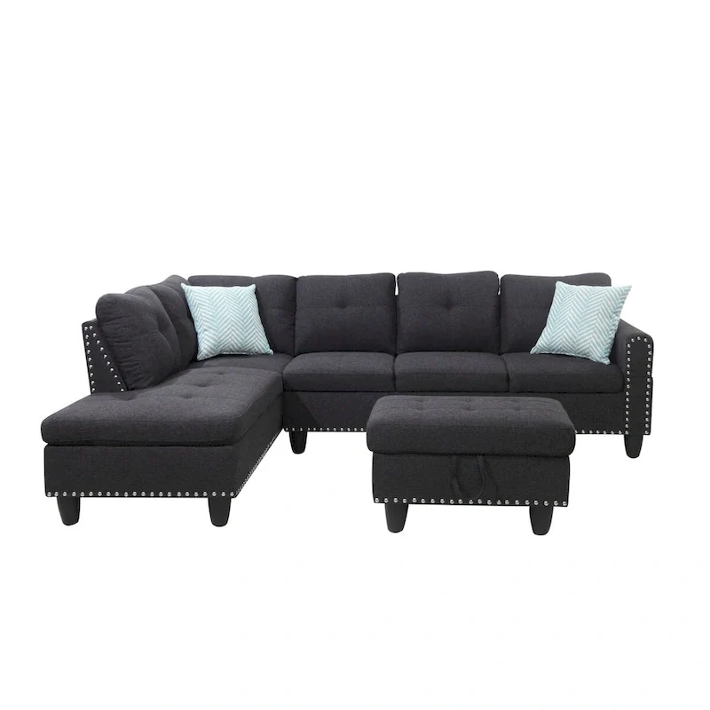 Charcoal Grey / Dark Grey L-Shaped Sectional Sofa with Chaise & Ottoman, Seats 3+