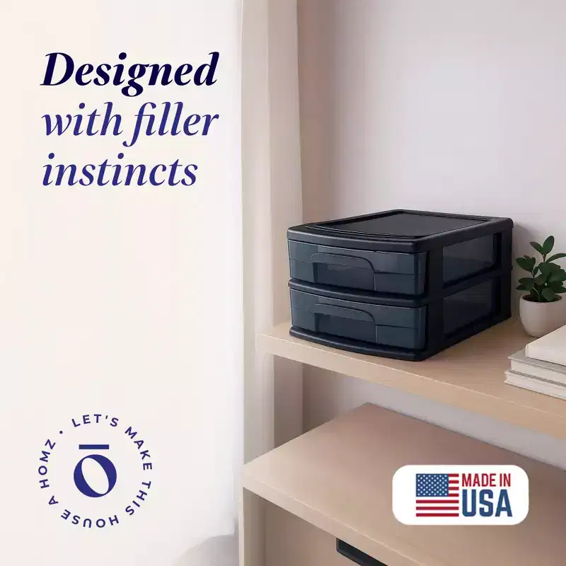 Homz 2 Pack Storage Cart, Medium 2 Drawer Plastic Container for Home and Office Organization, Black Frame with Smoke Tint Drawers