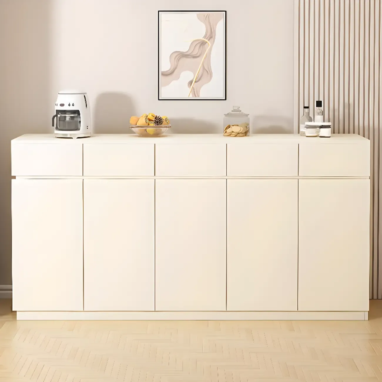 White Wooden Credenza with Drawers and Cabinets