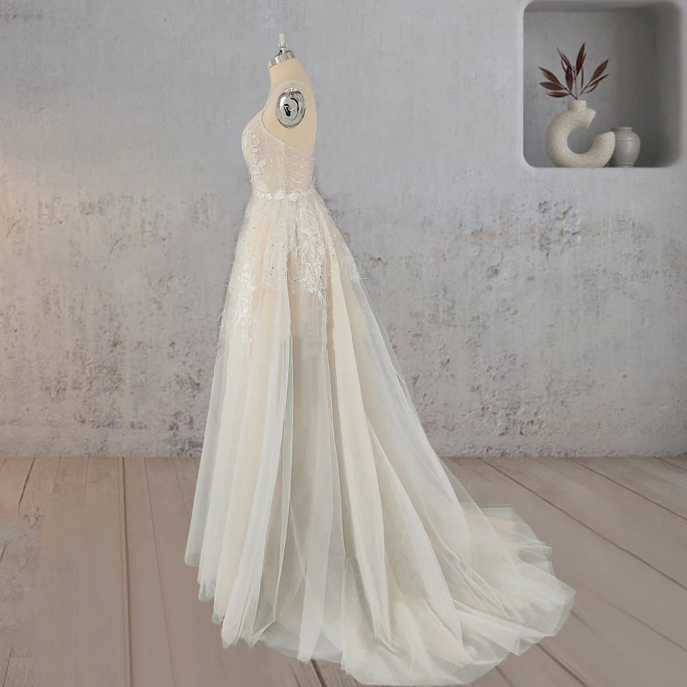 Spaghetti Straps Appliqued Lace Wedding Dress with Feathers