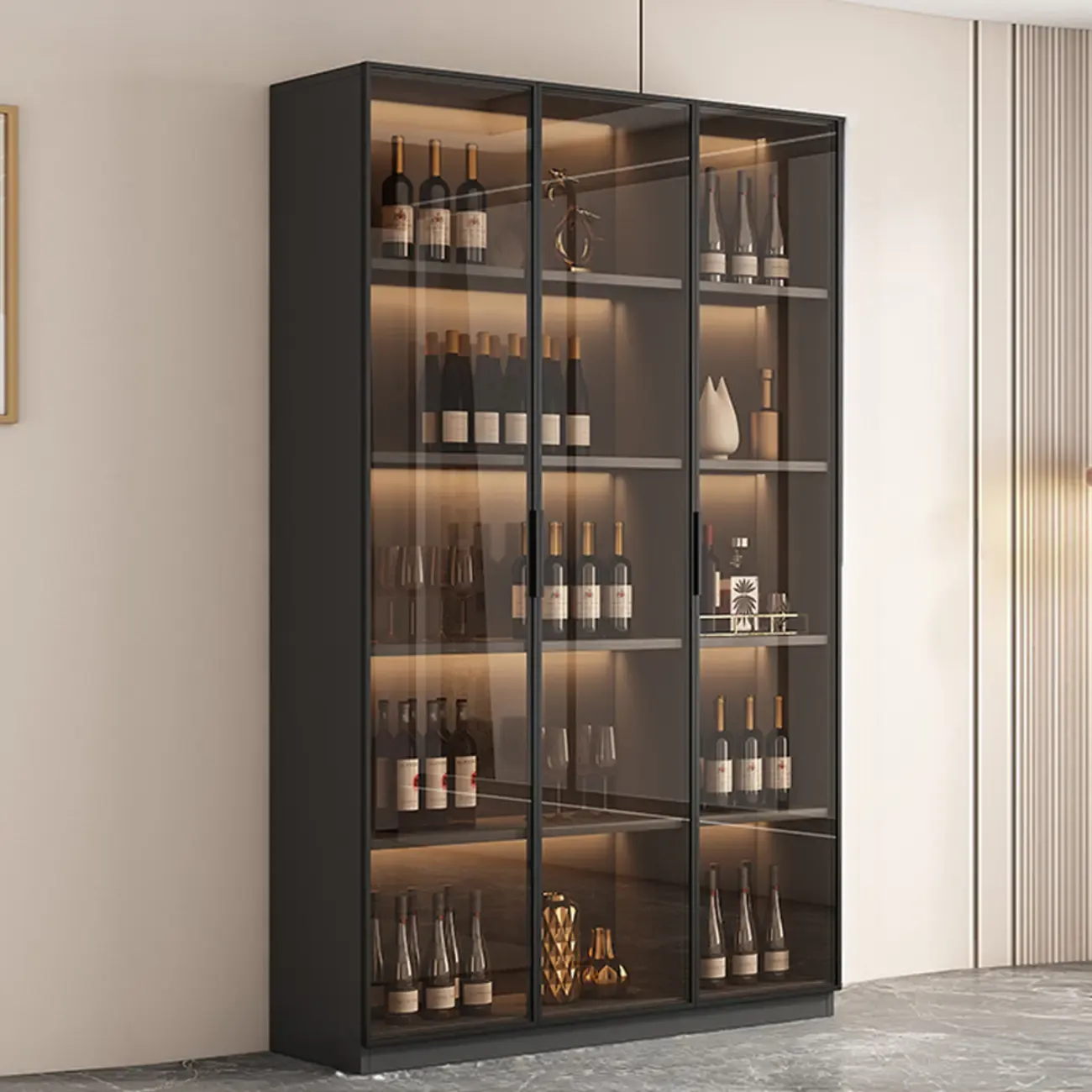 Tall Narrow Black Wood Display Cabinet with Light