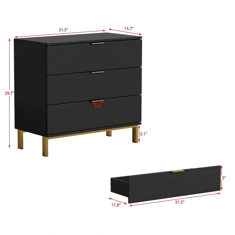 31.5W x 29.7H Wooden Nightstand with 3 Drawer End Table Black Chest