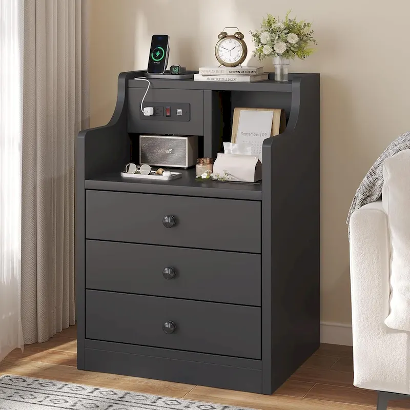 Nightstand 3 Drawers Charging Station End Side Table Bedroom