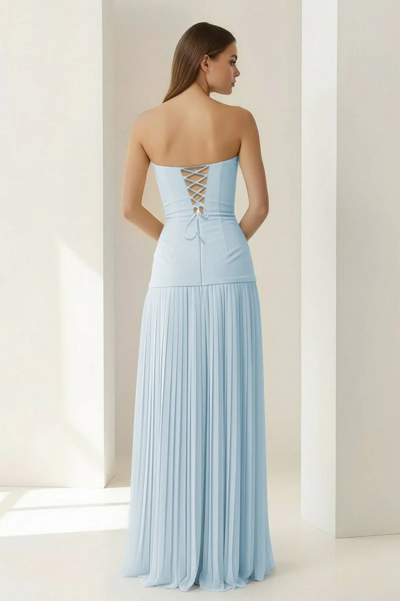 Blue Strapless Sheath Chiffon Pleated Long Prom Dresses