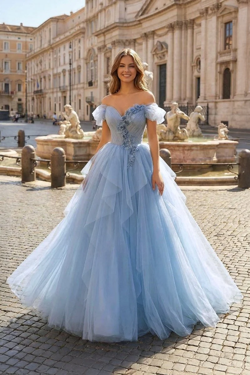 Blue Tulle Floor Length Prom Dress, Off the Shoulder Evening Dress with 3D Flowers