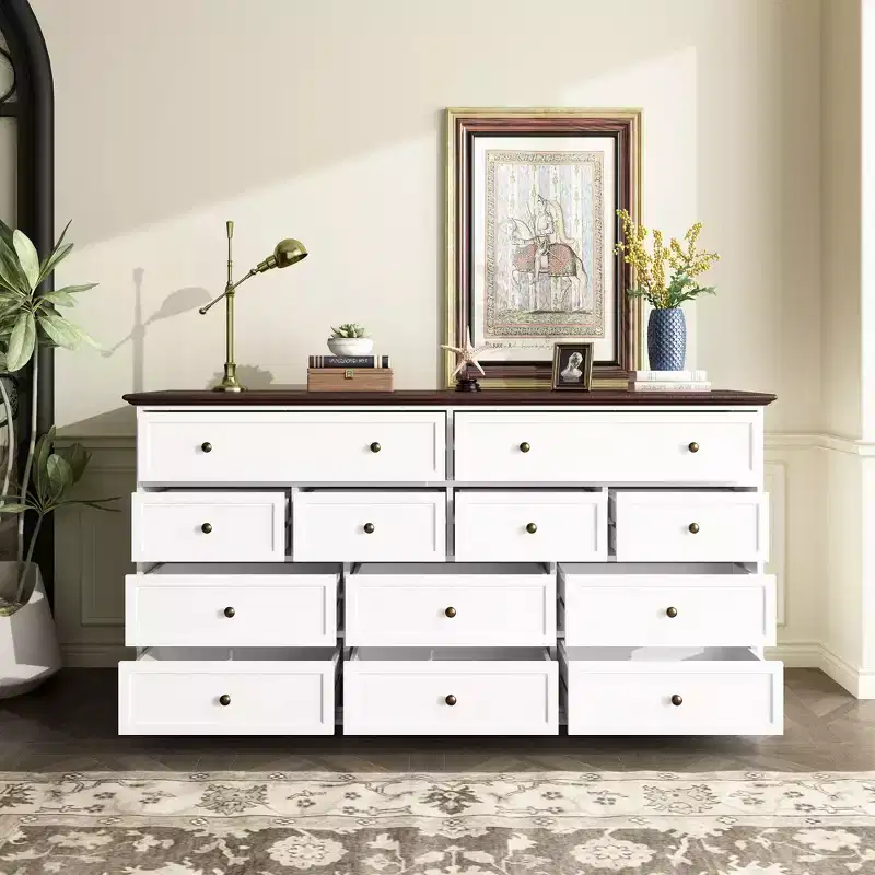 Famapy Large White 12 Drawers Dresser With Brown Top