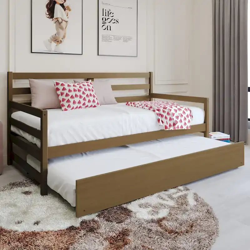 White/Walnut/Black/Light Oak/Antique Grey Railing-Style Twin Daybed with Trundle
