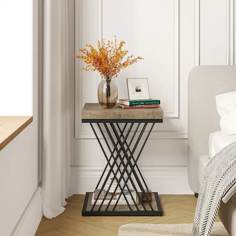 19.75 Inch Faux Marble Square End Table, Modern Bedside Tables, Gold Accent Table Living Room