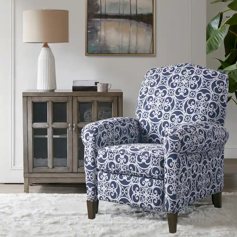 Navy Patterned Push Back Recliner Chair with Rolled Arms