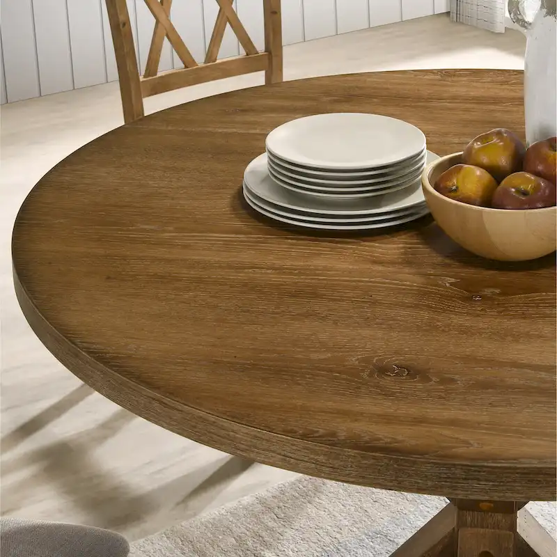 Wooden Round Dining Table and Chair Sets Rustic Farmhouse Dining Table and Chair Sets with Crossbuck Pedestal Table Base