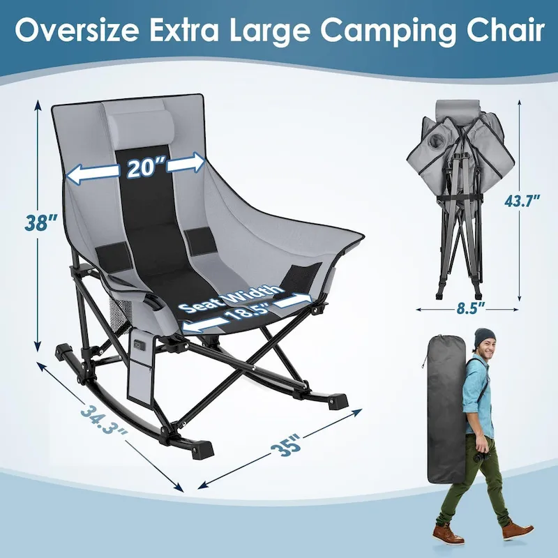 Oversized Heated Camping Chair, Rocking Camping Chair Portable Folding Heated Chairs, Grey&Black, Power Bank Not Included