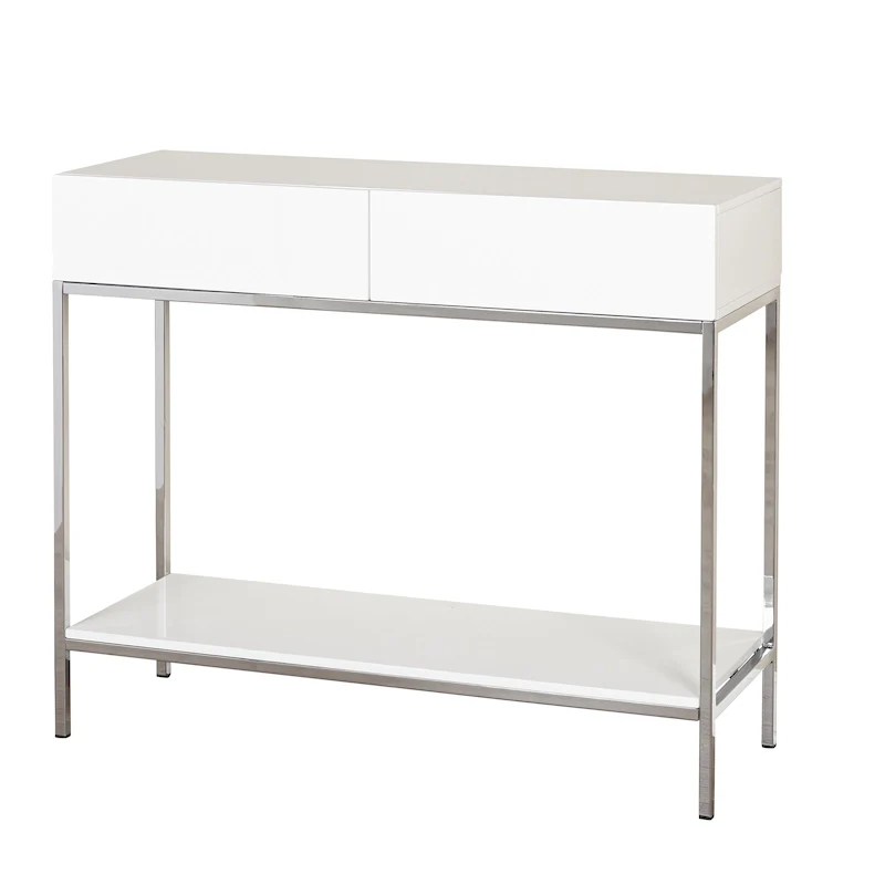 White & Chrome Console Table with 2 Drawers, 1-Person Assembly