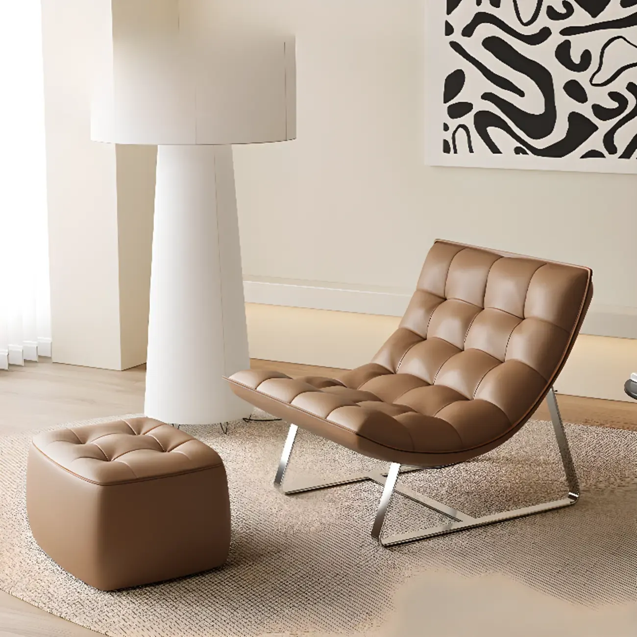 Modern Tufted Leather Accent ArmChair with Ottoman