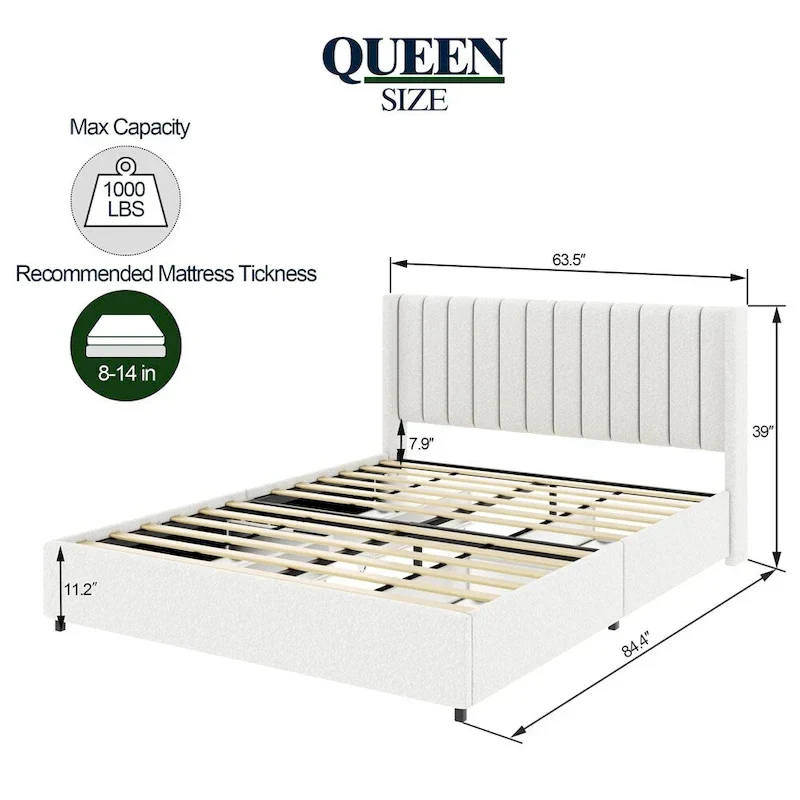 Queen Size Ivory Boucle Upholstered Platform Bed w/4 Drawers Storage