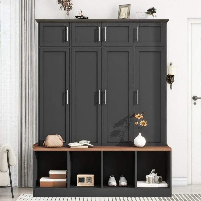 Hall Tree Hallway Storage Bench with Shoe Cubbies and Coat Rack with Hooks