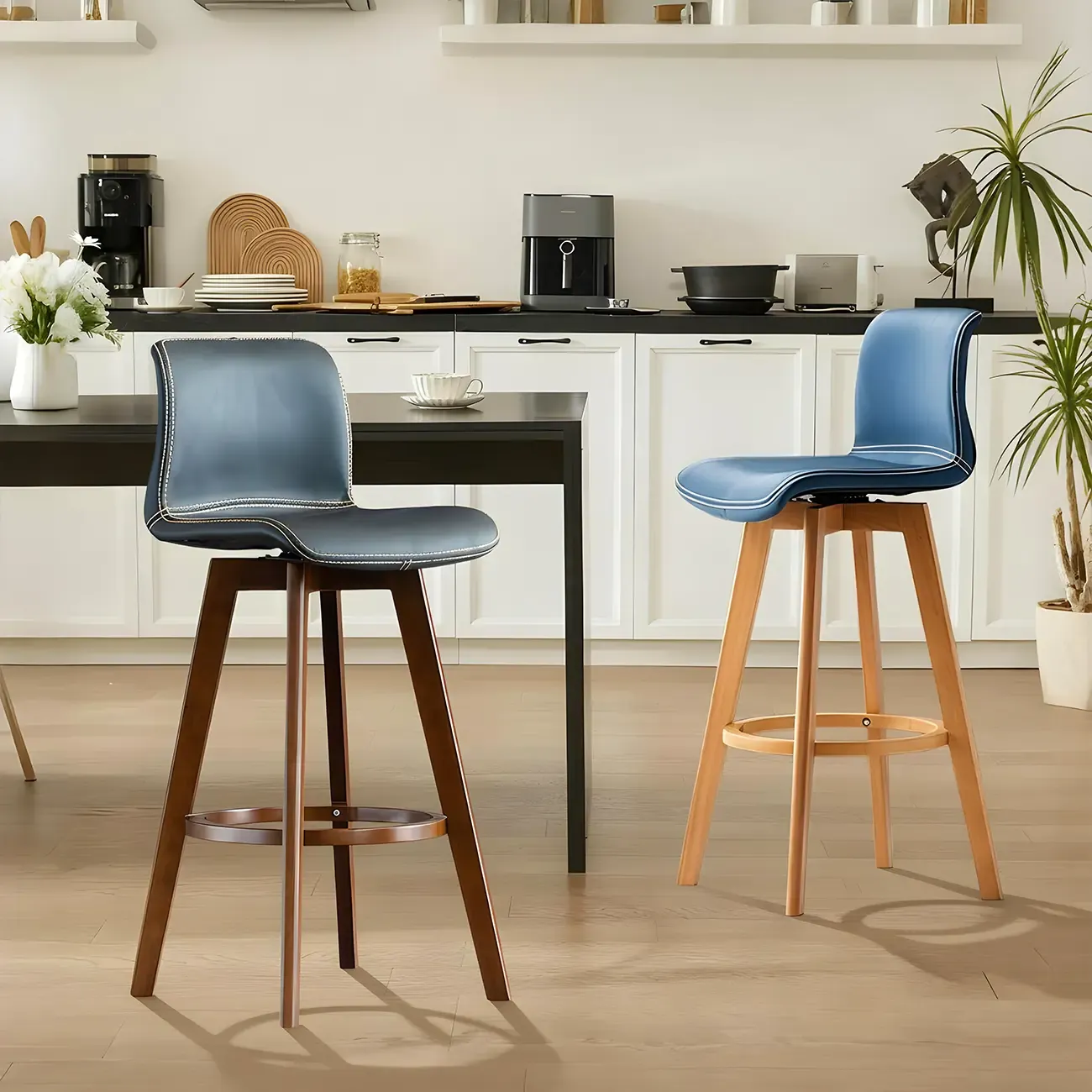 Saddle Leather Counter Height Low Back Swivel Bar Stools