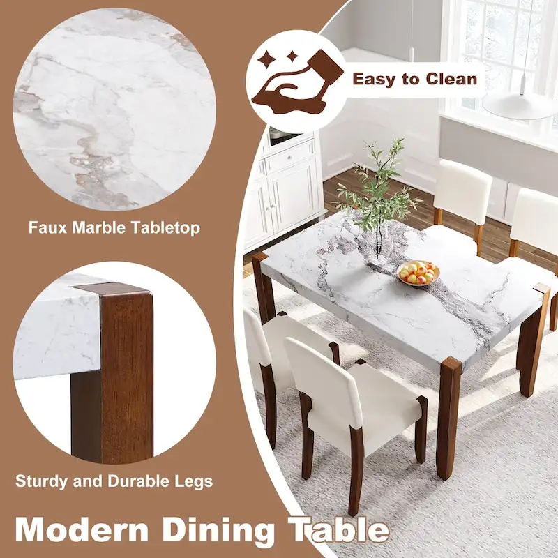 5 Piece Dining Table Set, 4 People Kitchen Dining Room Set with Faux Marble Style Table and 4 Upholstered Chairs