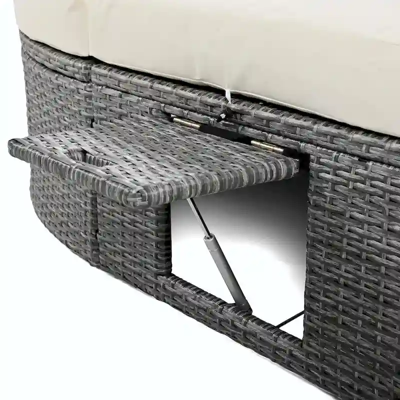 Rattan Patio Daybed with Cushions, Reclining Chaise Lounge, Foldable Trays