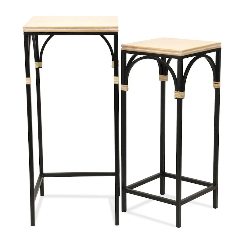 Set of 2 Rattan Accented Wood & Metal Square Side Tables