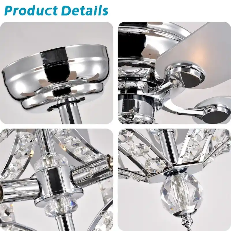 Crystal Ceiling Fan with Lights, Reversible Blades 3 Wind Speeds