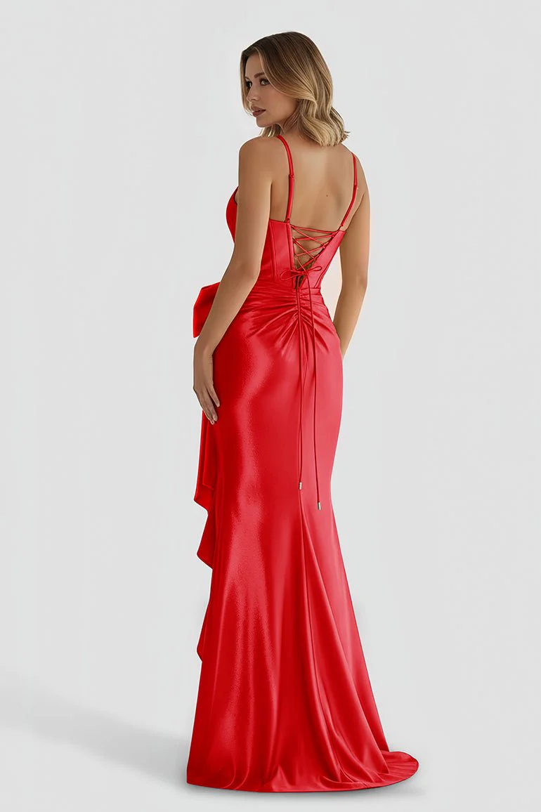 Straps V-Neck Satin Mermaid Prom Dress with Bow
