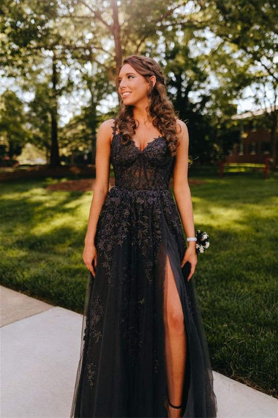 A-line V Neck Lace Tulle Prom Dress With Slit