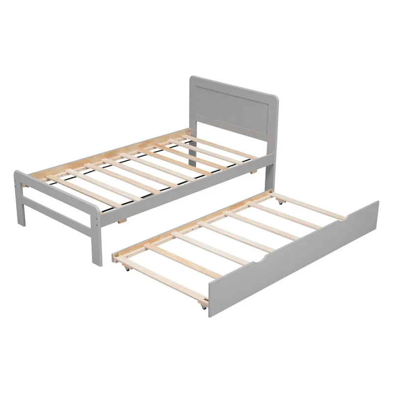 Grey Twin Wood Platform Bed Frame with Trundle | Rubberwood & Plywood | Modern Design