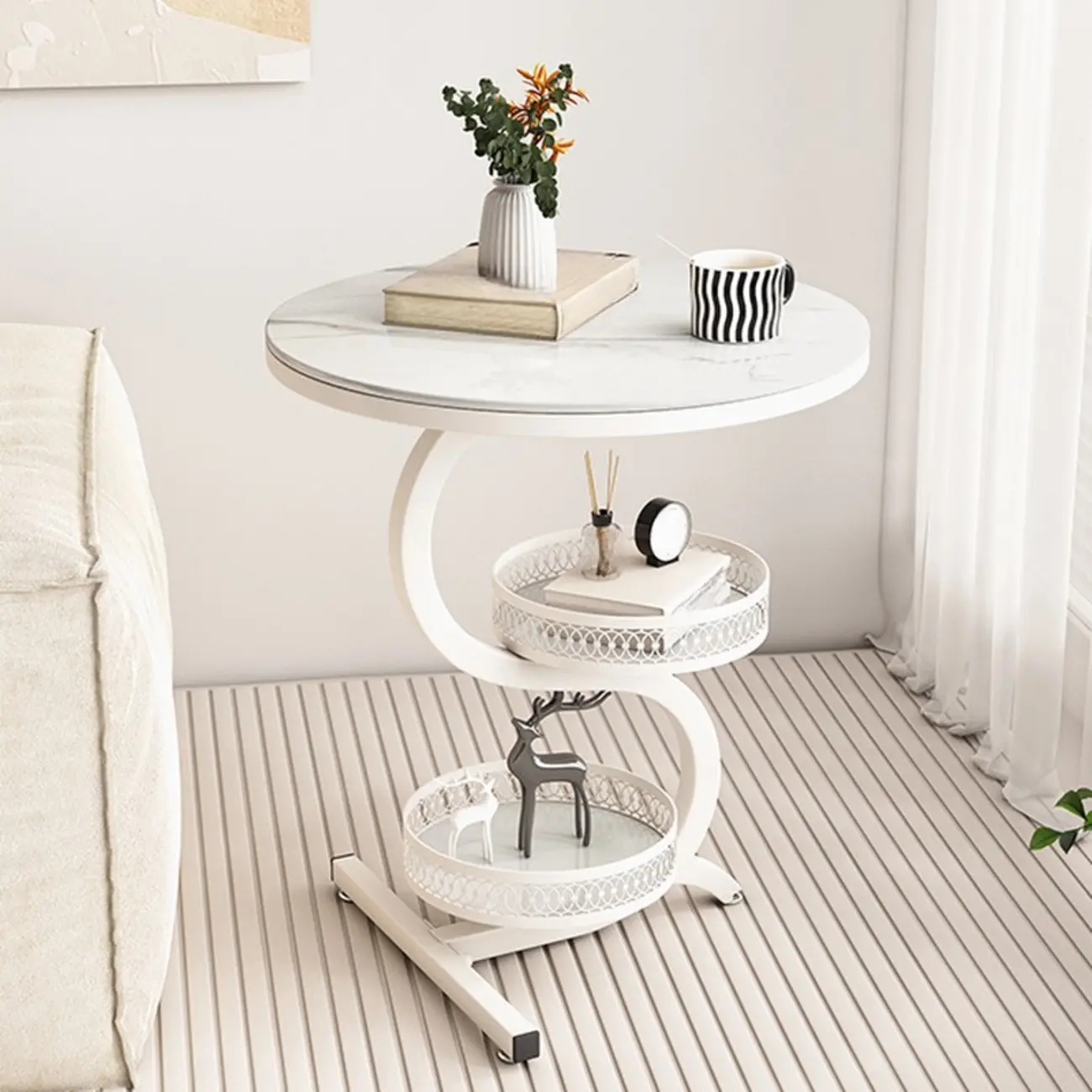 White Stone 3-Tier S-Shaped Sofa Side Table with Storage