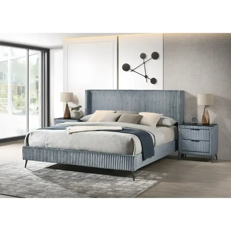 Roundhill Furniture Mavela Wide Wale Corduroy Upholstery Bed with 2 Nightstands, Blue