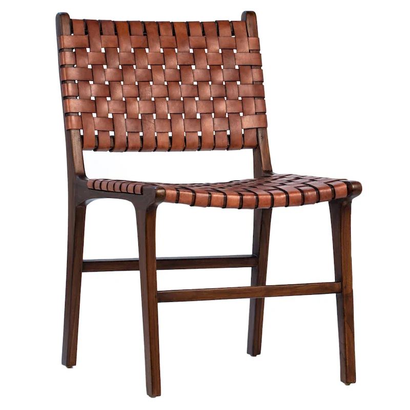 Woven Leather Dining Side Chair with Teak Frame