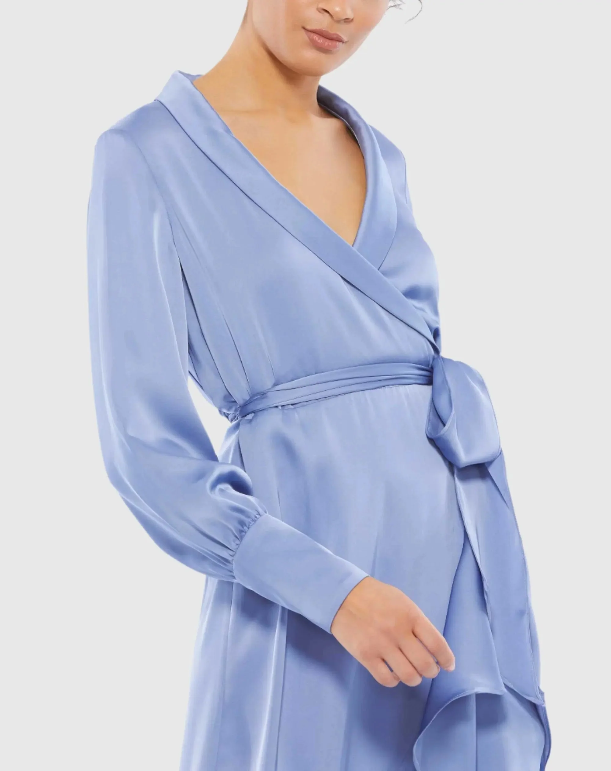 Blue Long Sleeve Faux Wrap Midi Dress