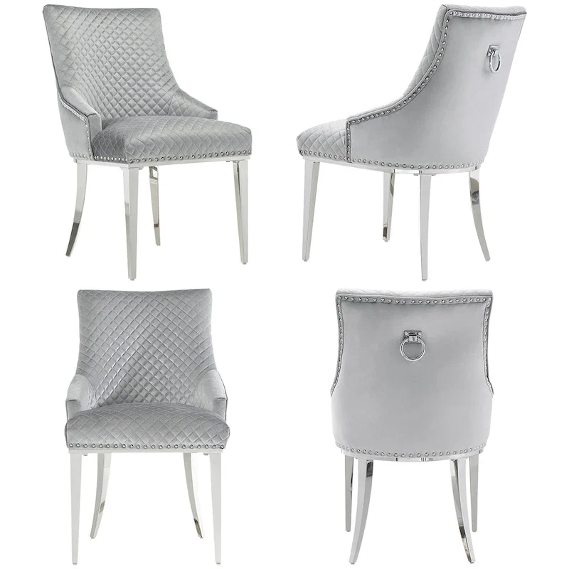 Modern Light Grey Velvet Dining Chairs with Mirrored Silver Legs