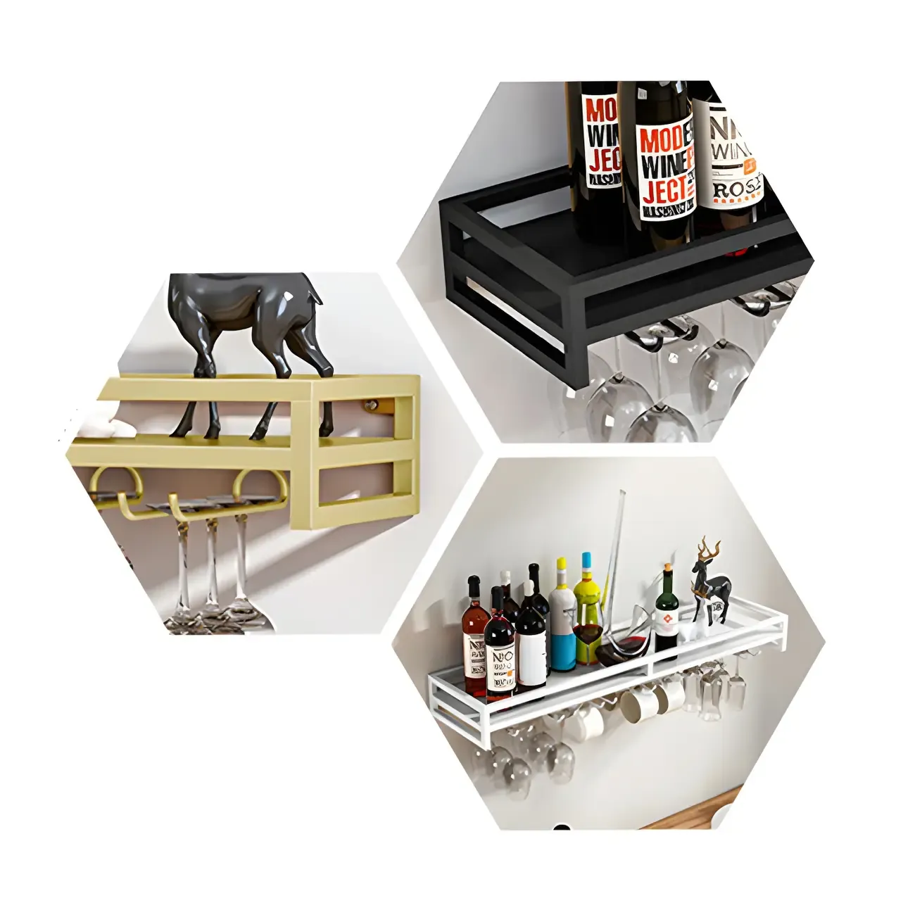 Floating Mount Metal Wine Glasses and Bottle Rack with Hook