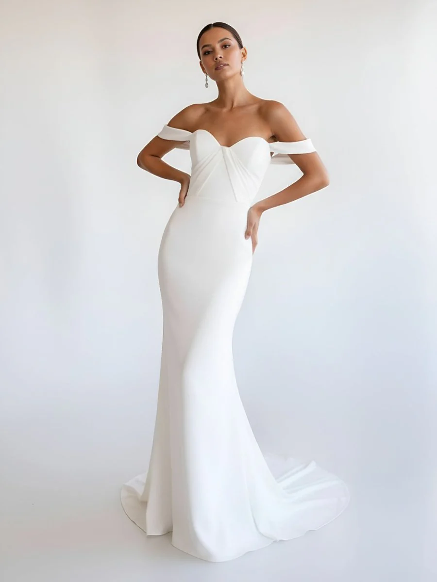 Simple White Mermaid Off-the-Shoulder Boho Wedding Dress