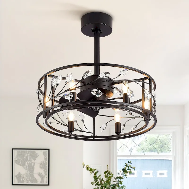 20-In Black Crystal Caged Ceiling Fan with Light Remote-6 Light