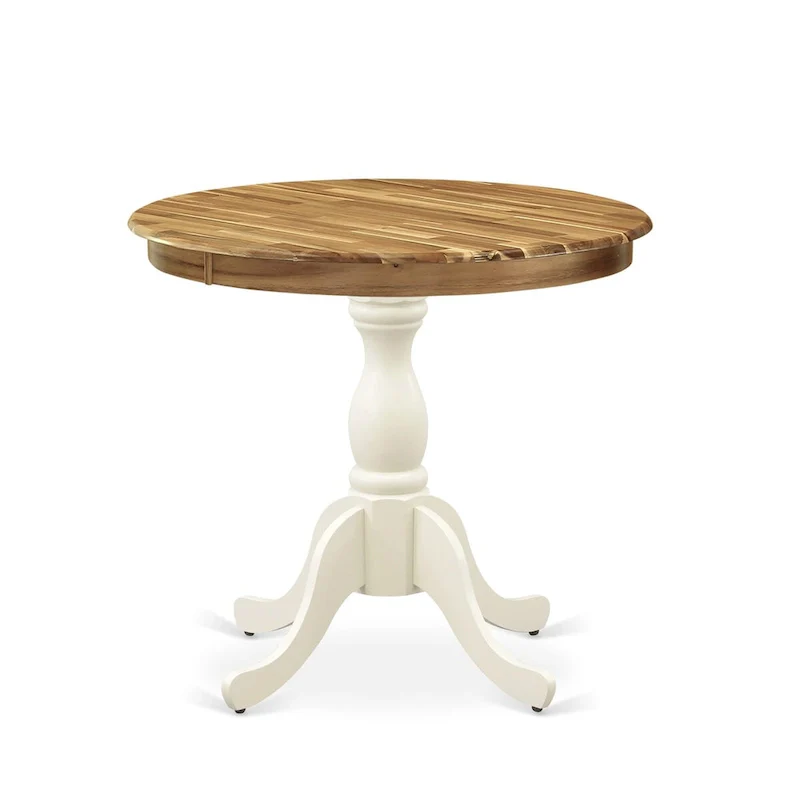 Natural & Linen White Round Dining Table for 4, Solid Wood Pedestal