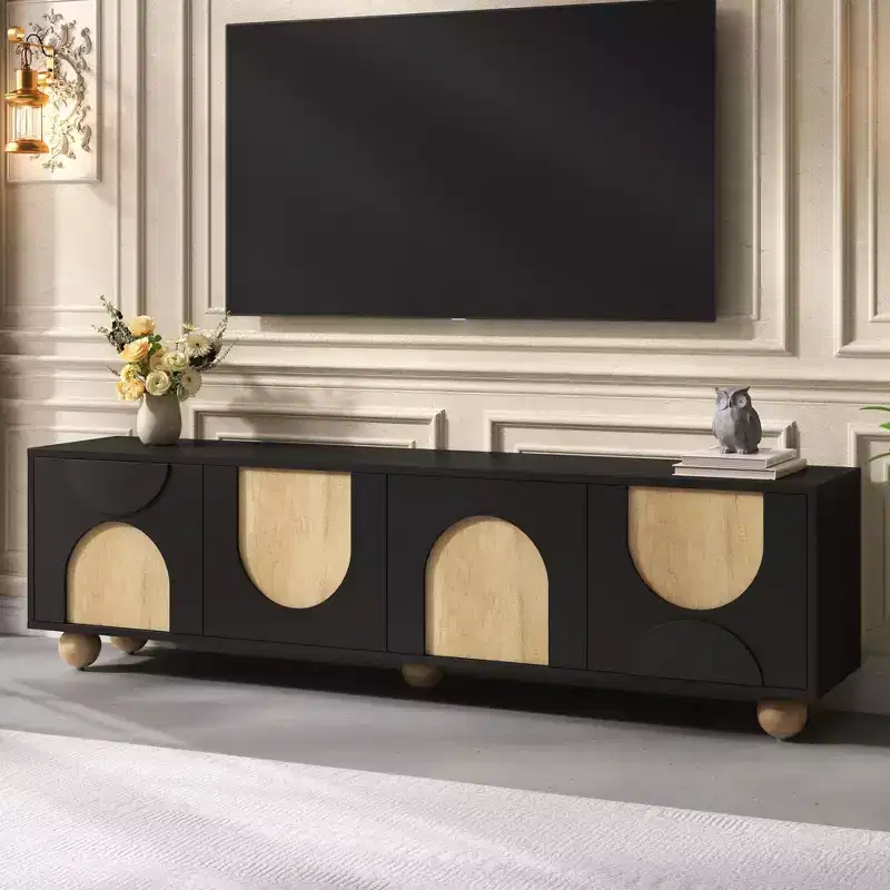 JVNOXK Farmhouse-Style Media Console with Cable Holes, Accommodates TVs Up to 75 Inches, Features Spring-Loaded Lift Mechanism, Black