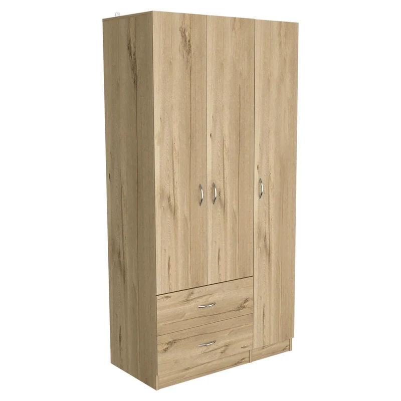 Black / Smoky Oak & White 3-Door Armoire with Drawers, Shelves & Hanging Rod – 1-Piece
