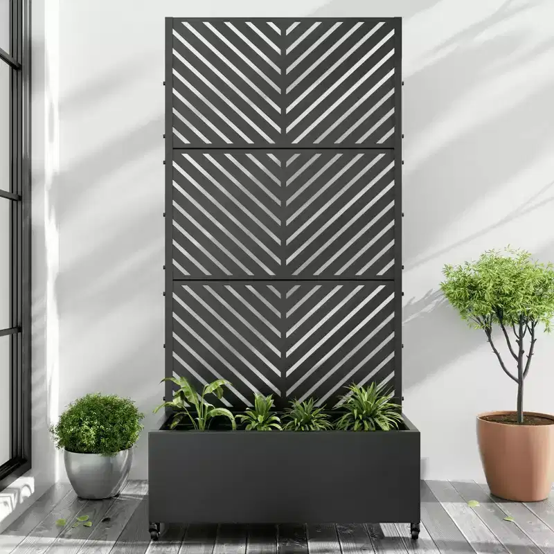 MAYEERTY Planter Box with Trellis Iron Black Parallel Line 01 Style 47x47x16in 3-Piece Set