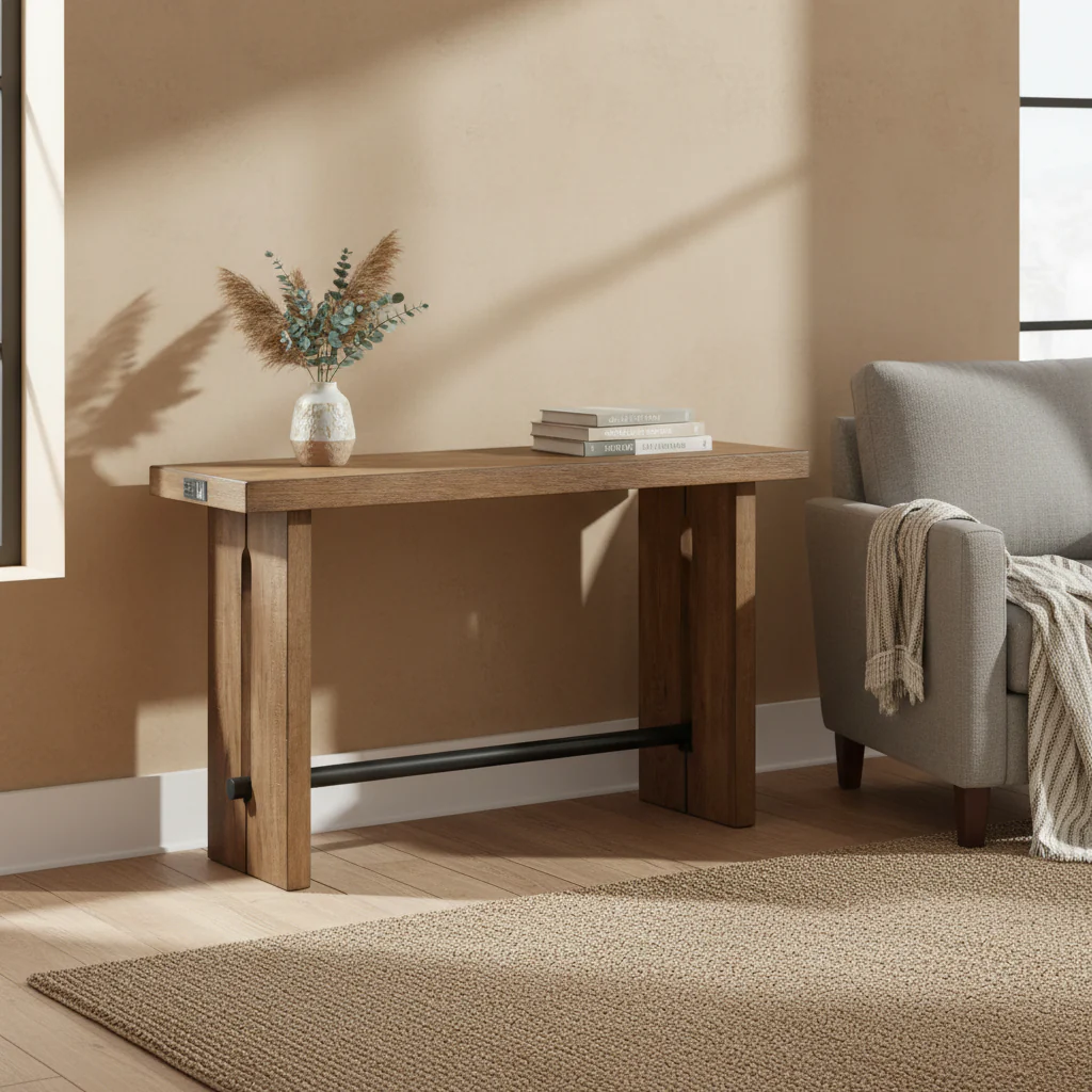 60 Wide Sofa Table with 2 Legs, Weathered Oak
